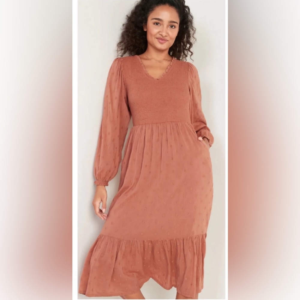 Old Navy Long Sleeve Fit Flare Smocked Midi Dress Brown Rustic Western Farmhouse